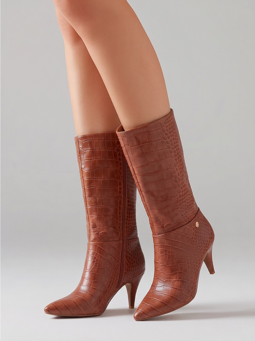 Louise et Cie Brown Women's Crocodile-Embossed Mid-Calf Pointed Toe Boots